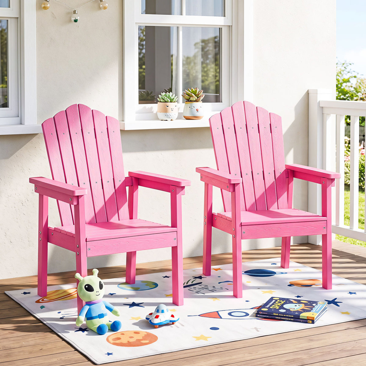 Outdoor Adirondack Chair with High Backrest and Wide Armrests for Deck Poolside-Pink