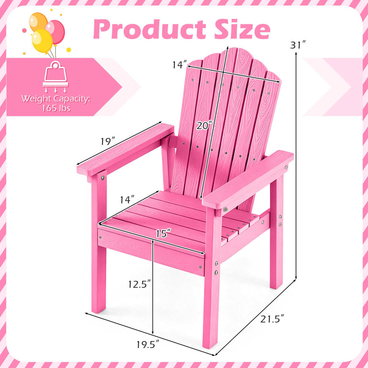 Outdoor Adirondack Chair with High Backrest and Wide Armrests for Deck Poolside-Pink