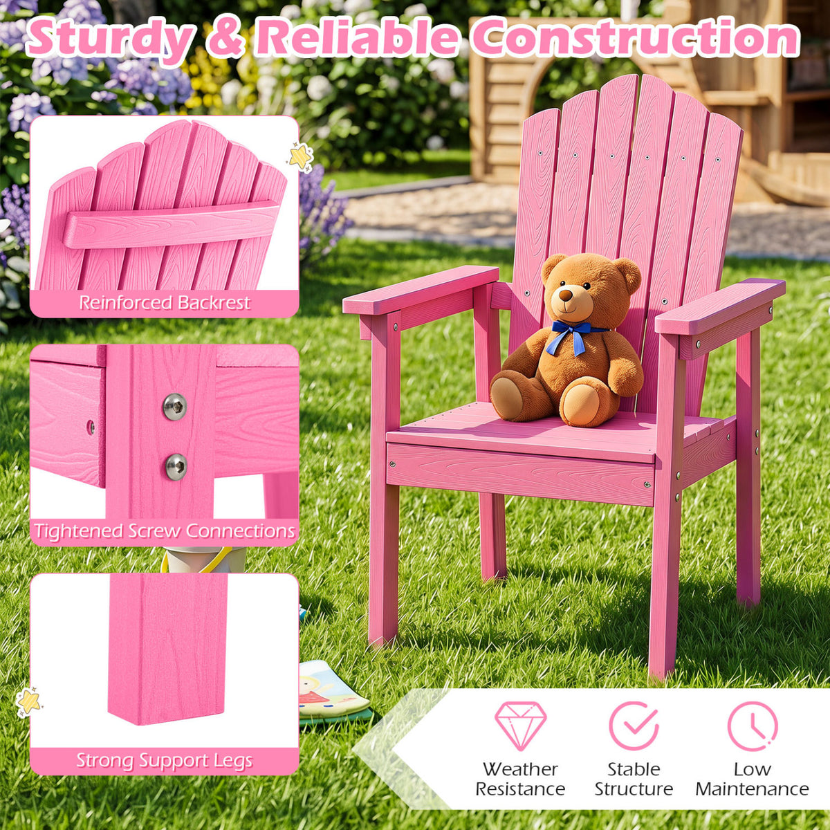 Outdoor Adirondack Chair with High Backrest and Wide Armrests for Deck Poolside-Pink