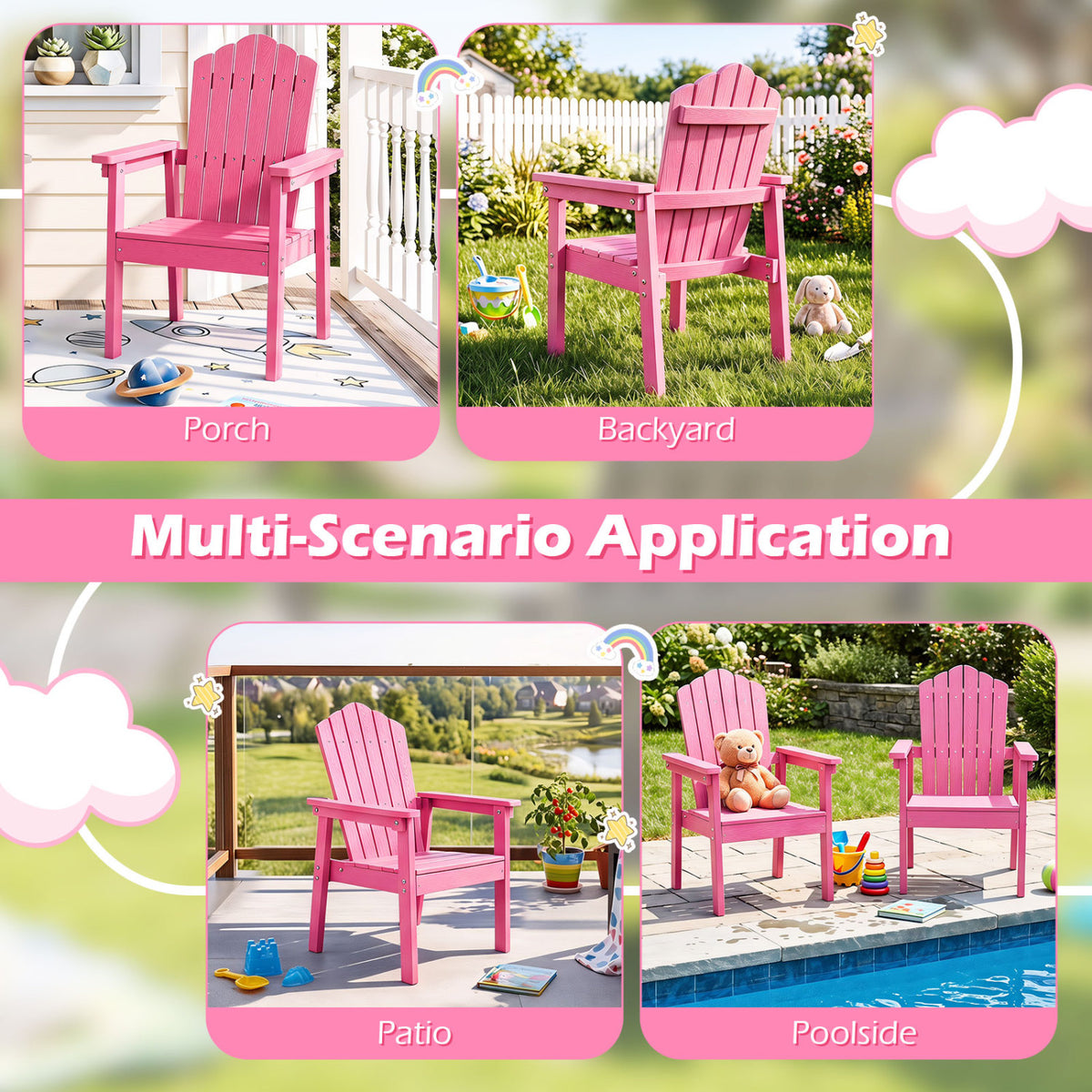 Outdoor Adirondack Chair with High Backrest and Wide Armrests for Deck Poolside-Pink