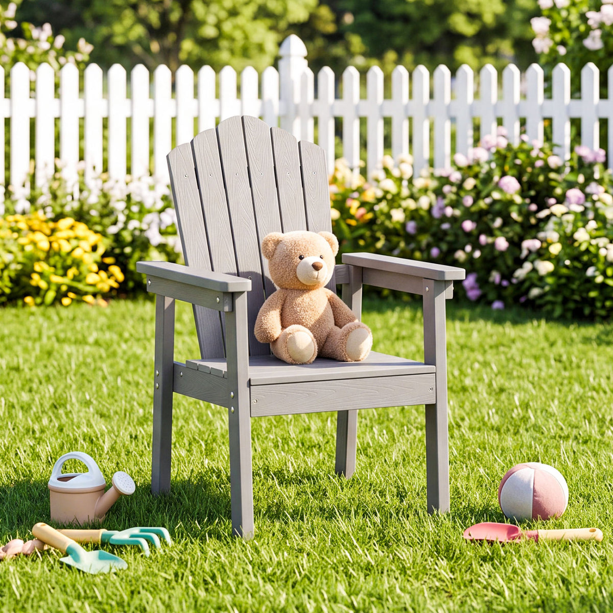 Outdoor Adirondack Chair with High Backrest and Wide Armrests for Deck Poolside-Silver