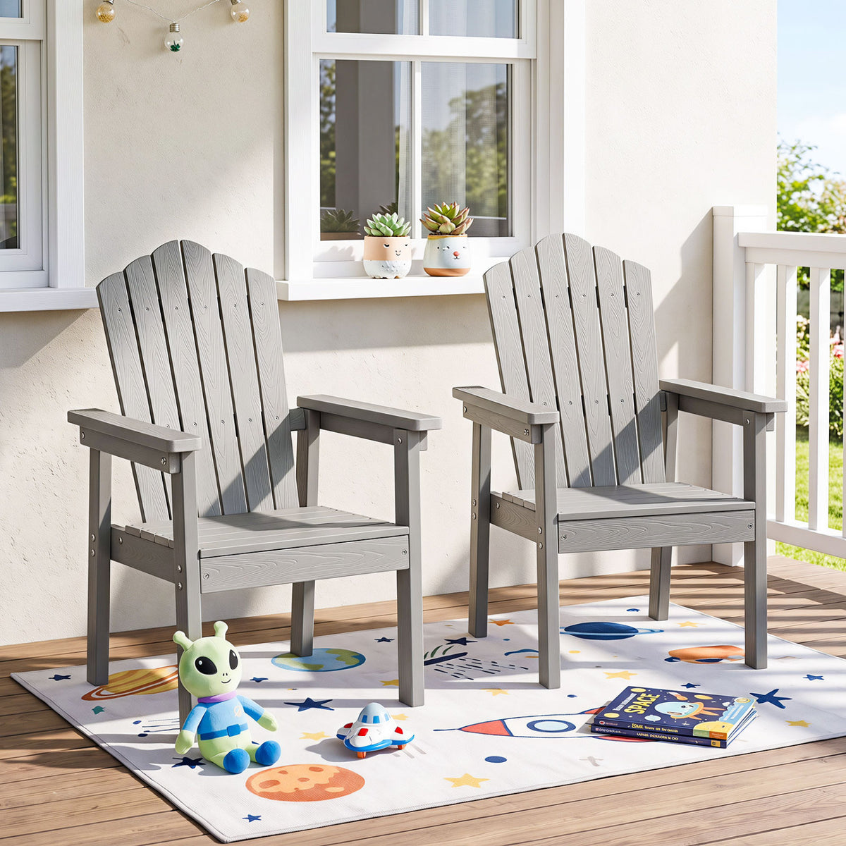 Outdoor Adirondack Chair with High Backrest and Wide Armrests for Deck Poolside-Silver