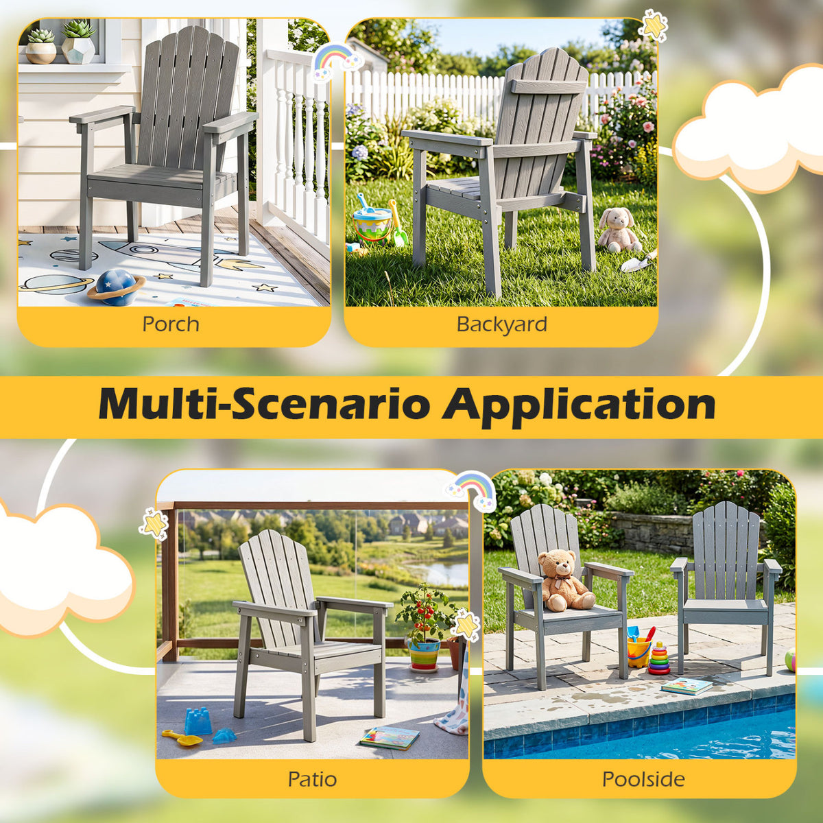 Outdoor Adirondack Chair with High Backrest and Wide Armrests for Deck Poolside-Silver