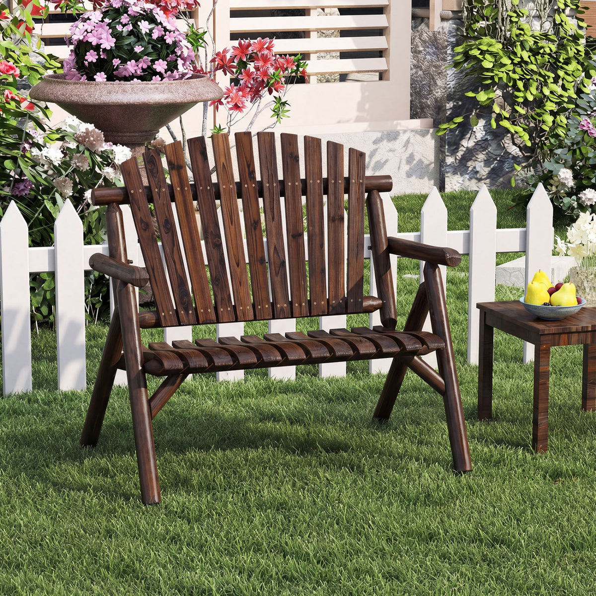 2-Person Log Wood Patio Bench with Slatted Backrest for Deck Backyard-Brown