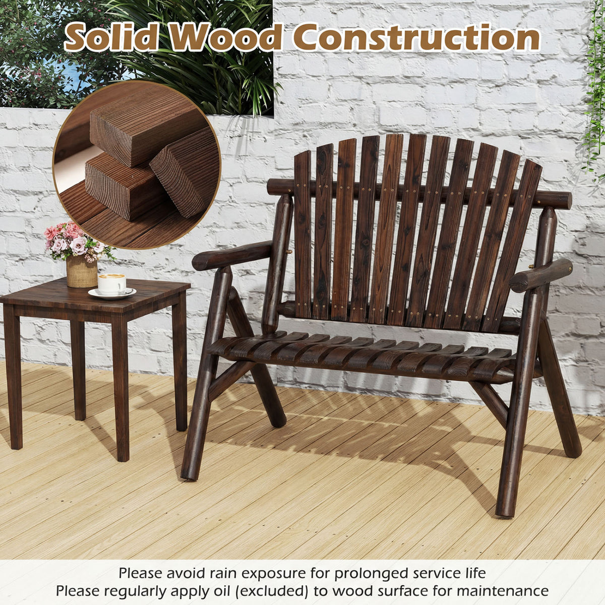 2-Person Log Wood Patio Bench with Slatted Backrest for Deck Backyard-Brown