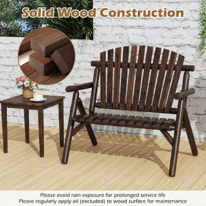 2-Person Log Wood Patio Bench with Slatted Backrest for Deck Backyard-Brown