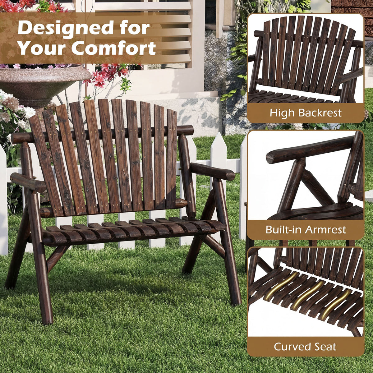 2-Person Log Wood Patio Bench with Slatted Backrest for Deck Backyard-Brown