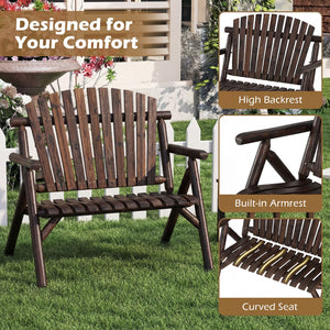 2-Person Log Wood Patio Bench with Slatted Backrest for Deck Backyard-Brown