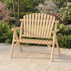2-Person Log Wood Patio Bench with Slatted Backrest for Deck Backyard-Natural