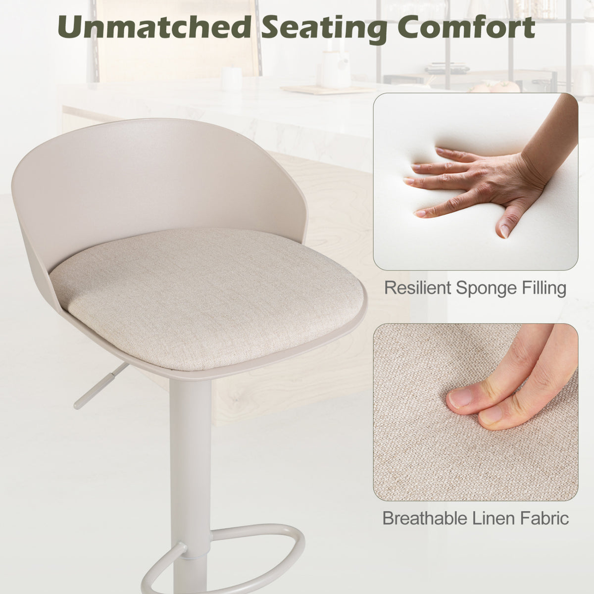 Set of 2 Adjustable Swivel Bar Stools w/ Back & Footrest 330 LBS for Dining-Cream