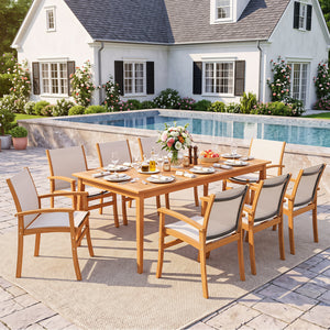 9-Piece Acacia Wood Outdoor Patio Dining Set with 80â€ Rectangular Table and Breathable Fabric Armchairs-Yellow