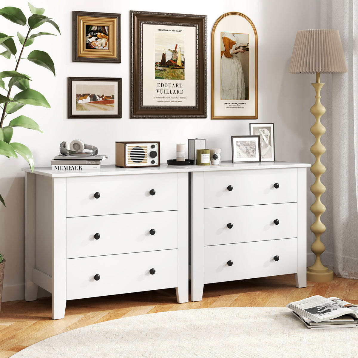2-Pack 3 Drawer Dresser Chest of Drawers Bedside Table-White