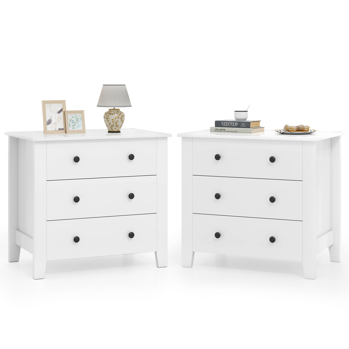 2-Pack 3 Drawer Dresser Chest of Drawers Bedside Table-White