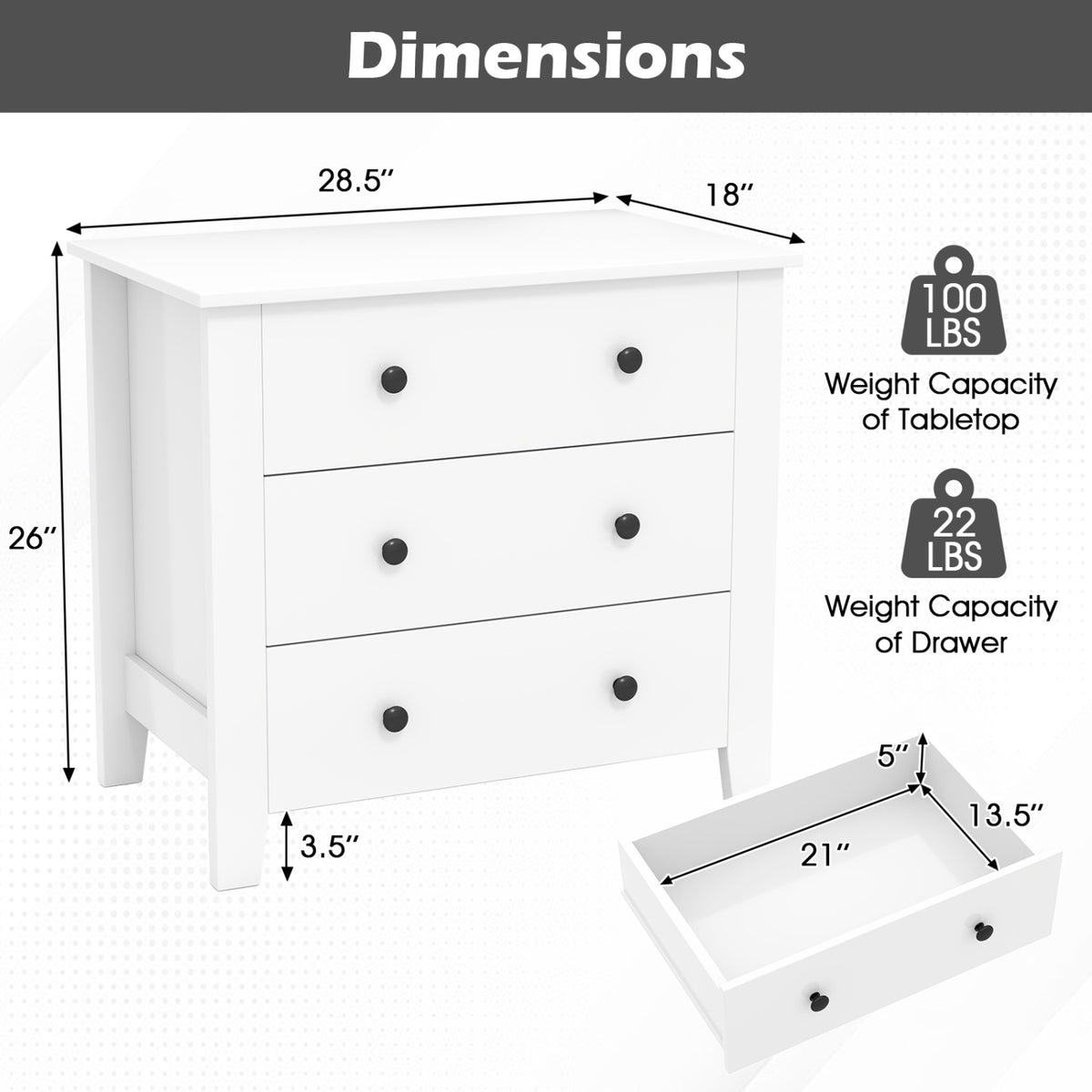 2-Pack 3 Drawer Dresser Chest of Drawers Bedside Table-White
