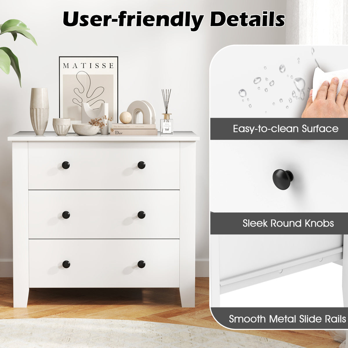 2-Pack 3 Drawer Dresser Chest of Drawers Bedside Table-White