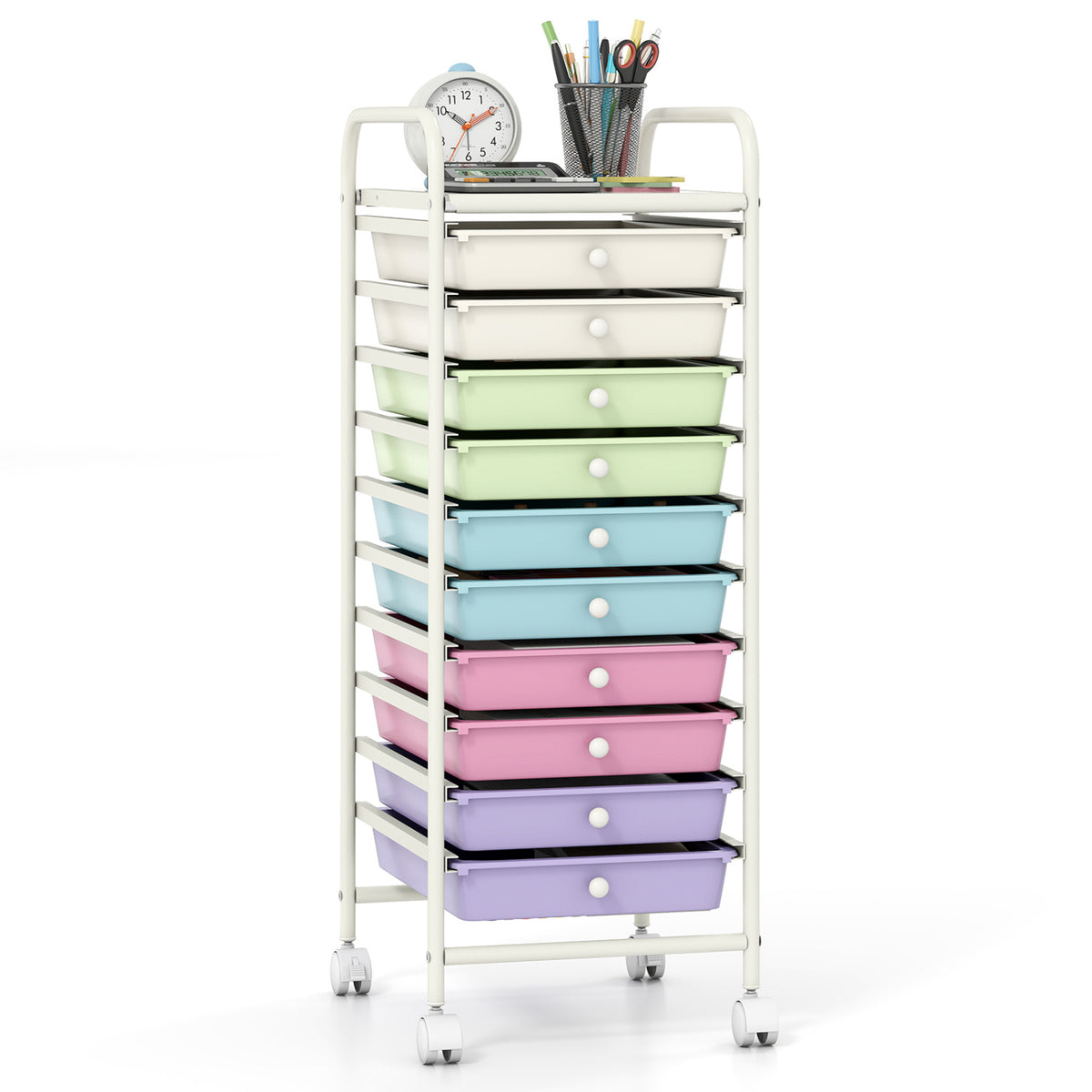 10 Drawer Rolling Storage Cart Organizer with 4 Universal Casters-Ice Cream Multicolor