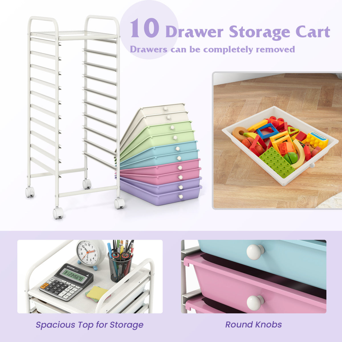 10 Drawer Rolling Storage Cart Organizer with 4 Universal Casters-Ice Cream Multicolor
