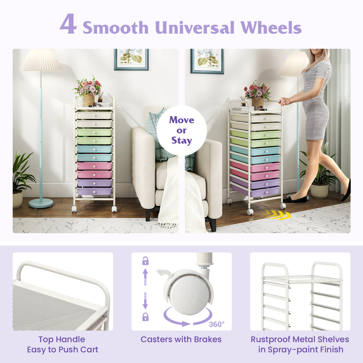 10 Drawer Rolling Storage Cart Organizer with 4 Universal Casters-Ice Cream Multicolor