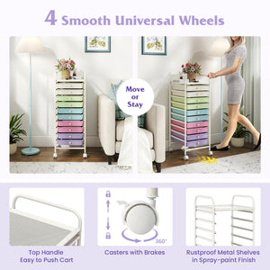 10 Drawer Rolling Storage Cart Organizer with 4 Universal Casters-Ice Cream Multicolor