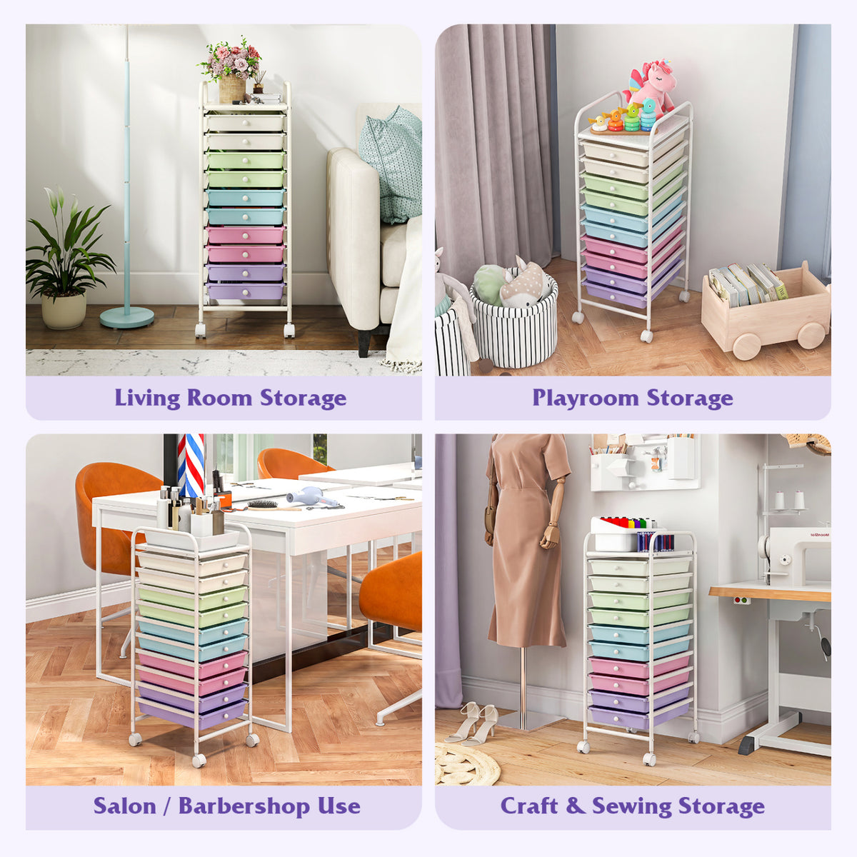 10 Drawer Rolling Storage Cart Organizer with 4 Universal Casters-Ice Cream Multicolor