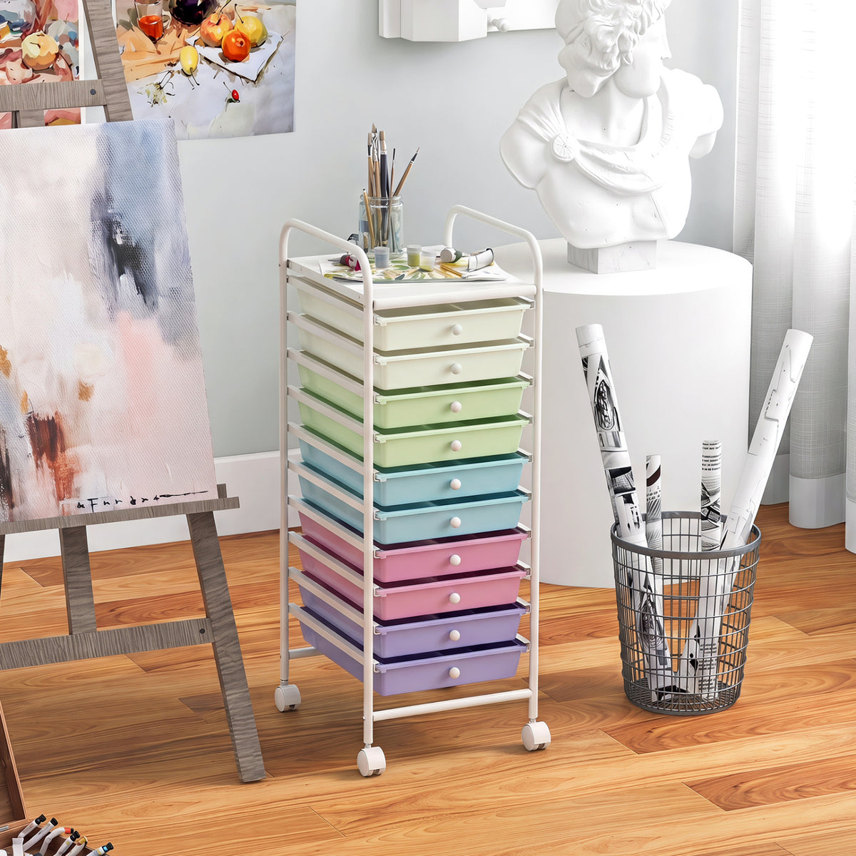 10 Drawer Rolling Storage Cart Organizer with 4 Universal Casters-Ice Cream Multicolor