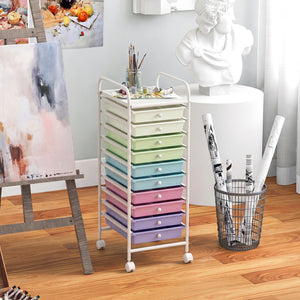 10 Drawer Rolling Storage Cart Organizer with 4 Universal Casters-Ice Cream Multicolor
