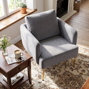 Modern Accent Chair w/Back Cushion & Golden Metal Legs for Living Room Bedroom-Gray