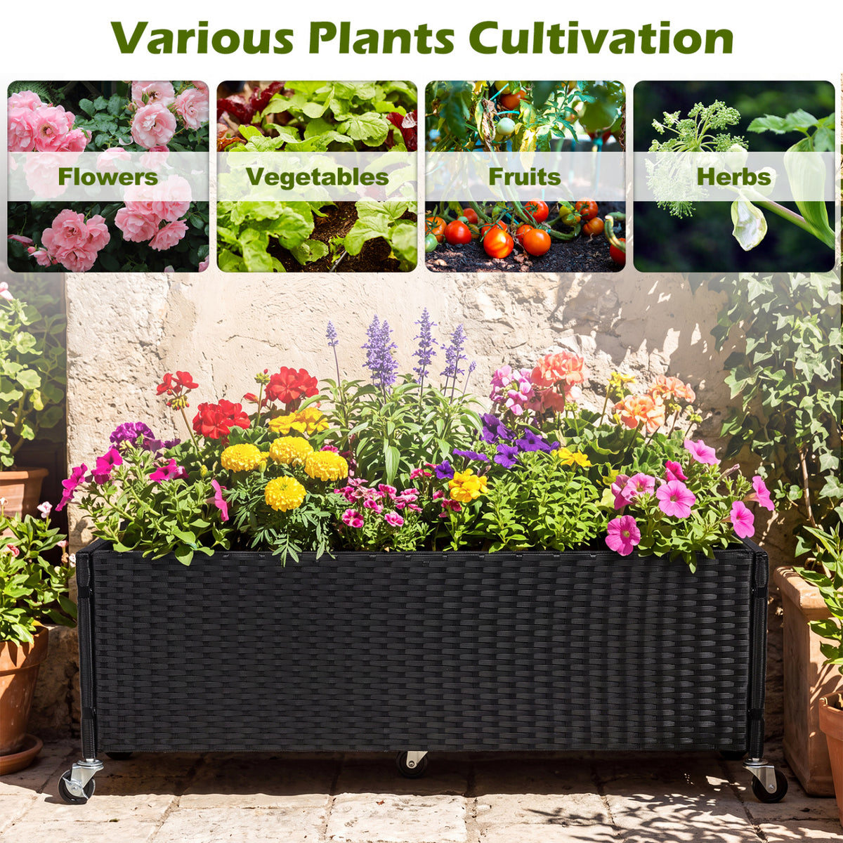 Raised Garden Bed PE Rattan Wicker Patio Planter Box with Liner and Wheels