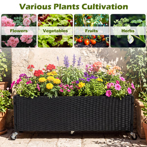 Raised Garden Bed PE Rattan Wicker Patio Planter Box with Liner and Wheels