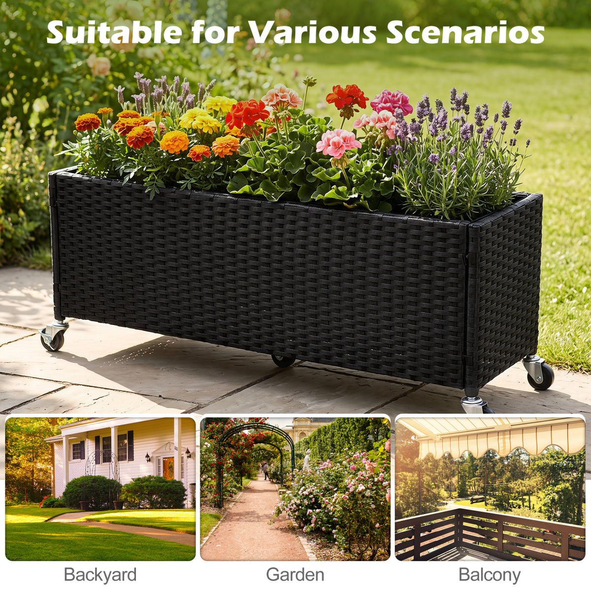Set of 2 Raised Garden Bed PE Rattan Wicker Patio Planter Box with Liner and Wheels