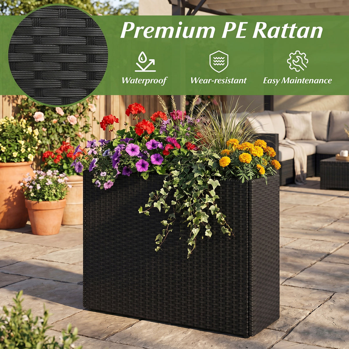 Set of 2 Raised Garden Bed All-Weather PE Rattan Wicker Flowerpot with Liner