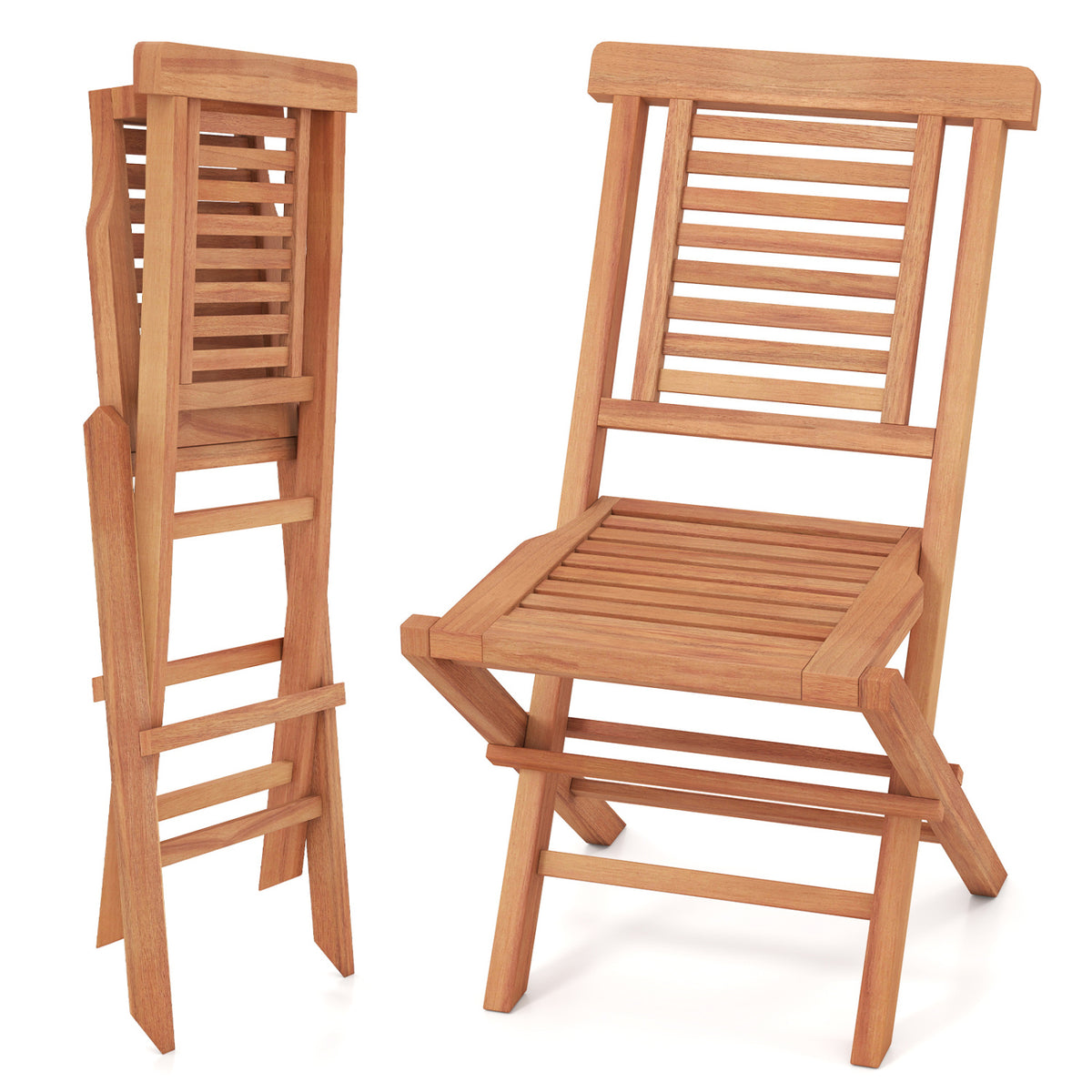 Teak Wood Folding Patio Chairs Set of 2 with X-Support & High Backrest for Backyard