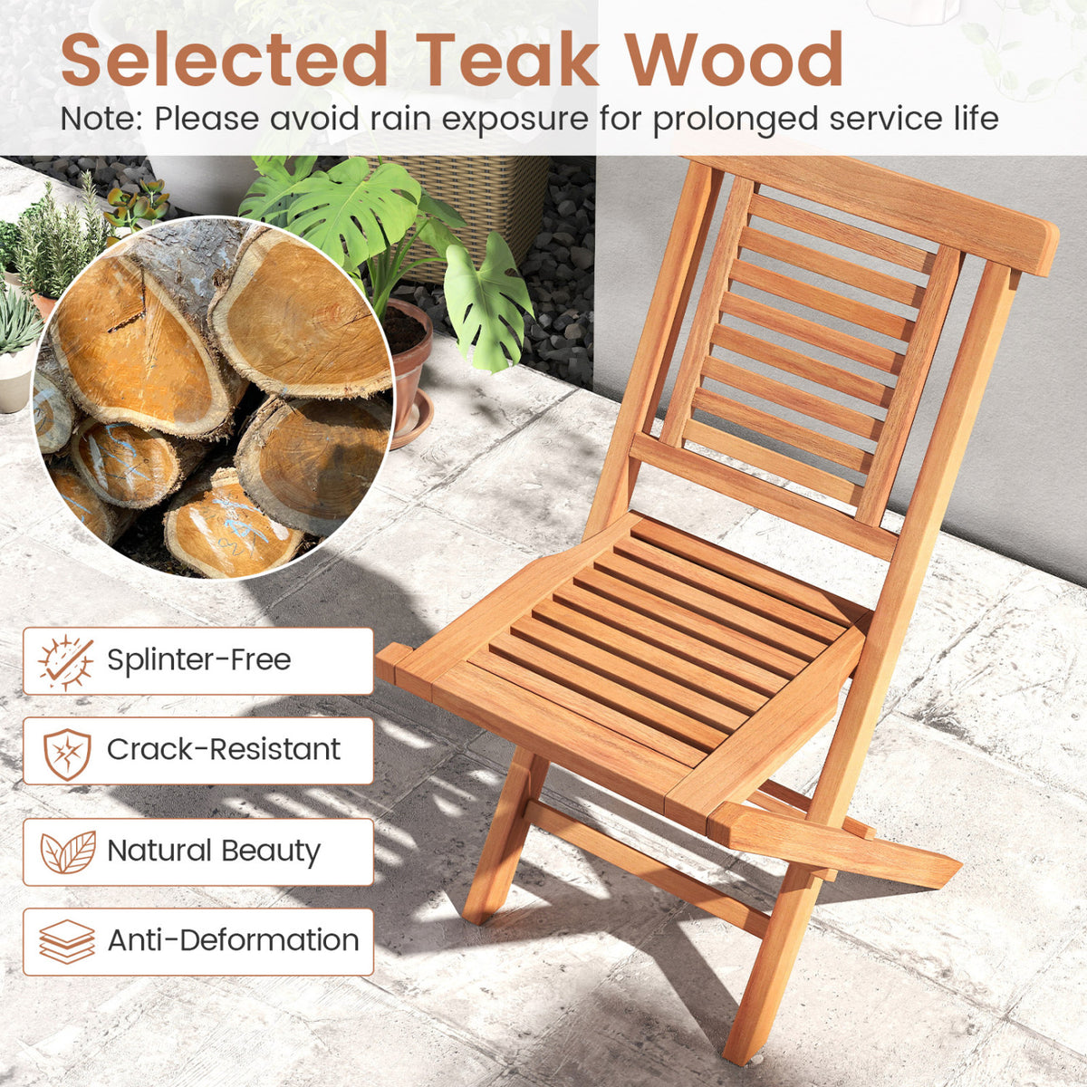 Teak Wood Folding Patio Chairs Set of 2 with X-Support & High Backrest for Backyard