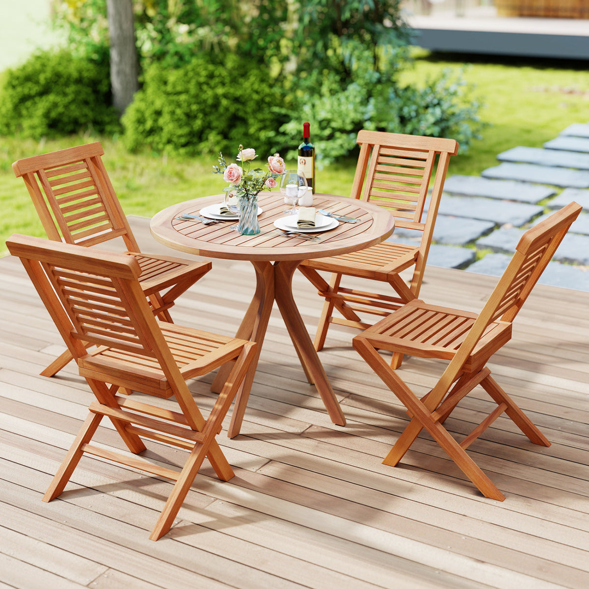 Teak Wood Folding Patio Chairs Set of 2 with X-Support & High Backrest for Backyard