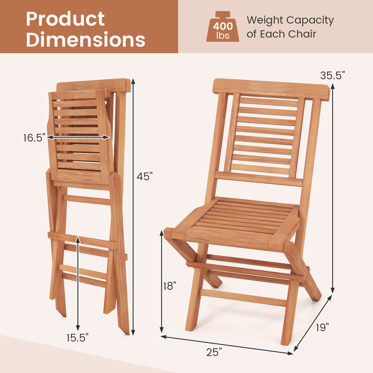 Teak Wood Folding Patio Chairs Set of 2 with X-Support & High Backrest for Backyard