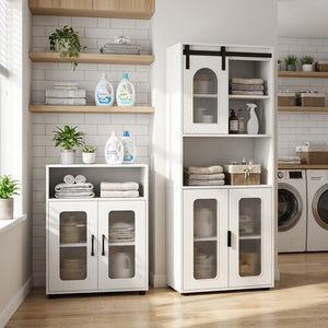 Bathroom Cabinet Set with 59 Inch Tall Cabinet and 2-Door Floor Cabinet-White