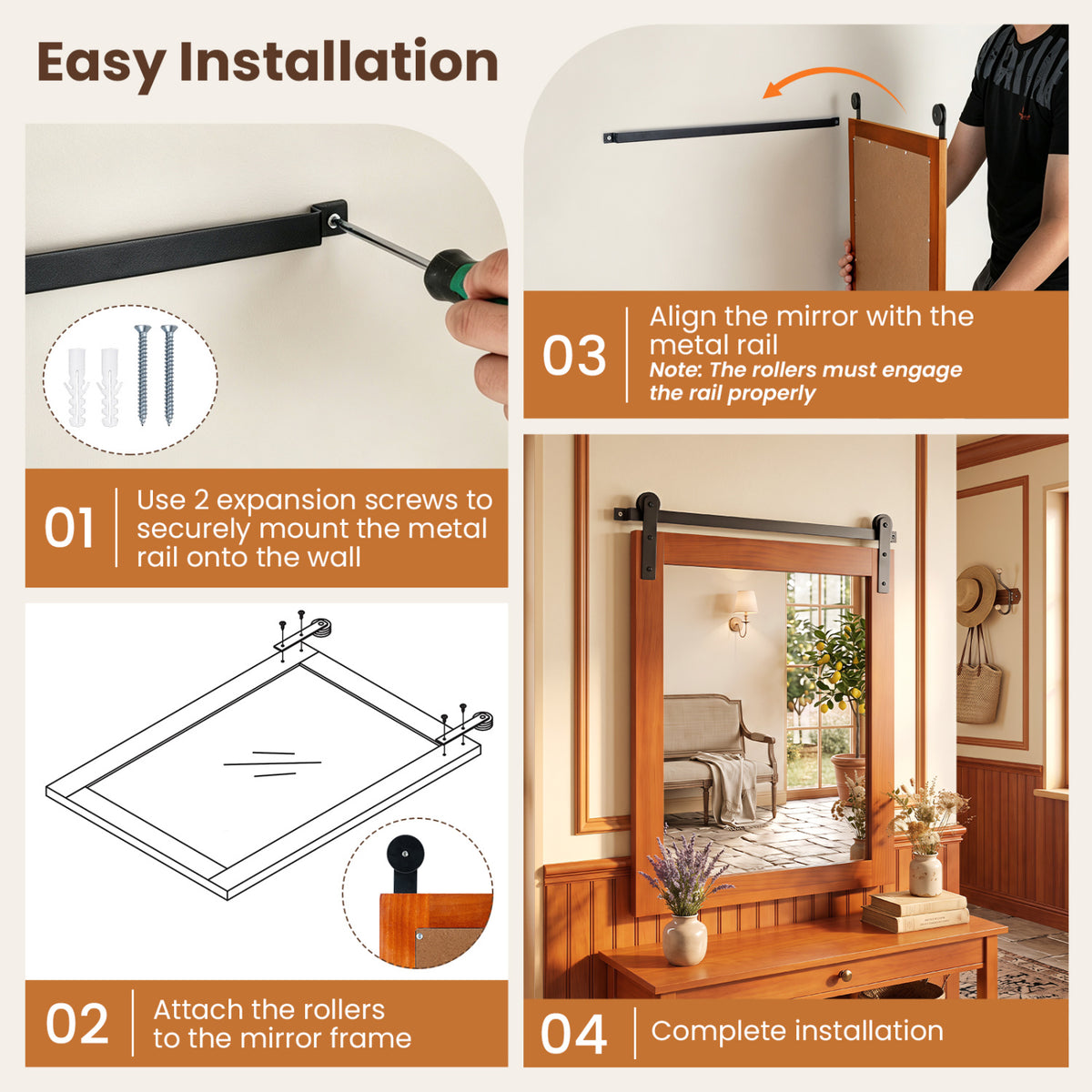 29" x 23" Rectangle Farmhouse Wall Mirror with Metal Bracket for Bathroom-Brown