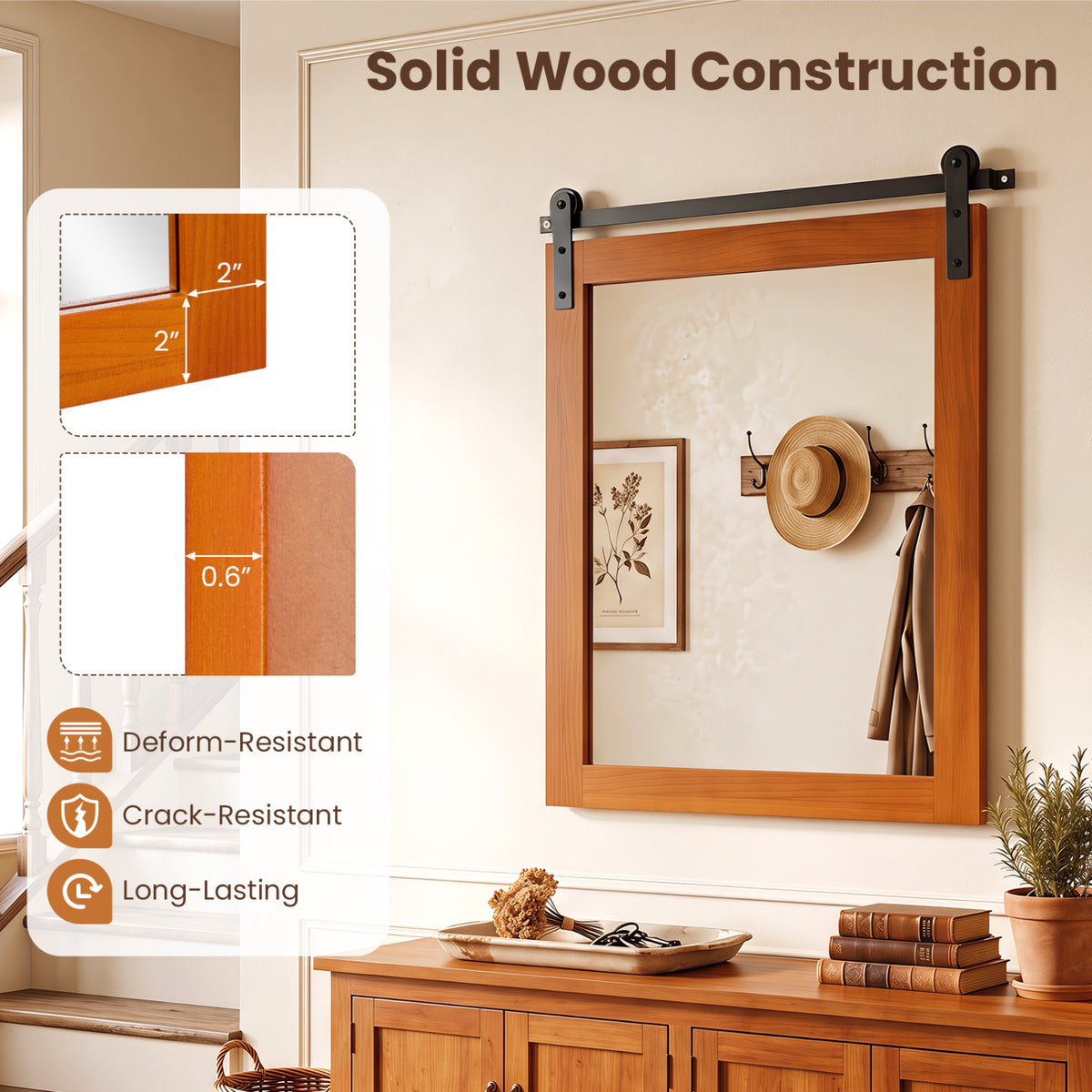 29" x 23" Rectangle Farmhouse Wall Mirror with Metal Bracket for Bathroom-Brown