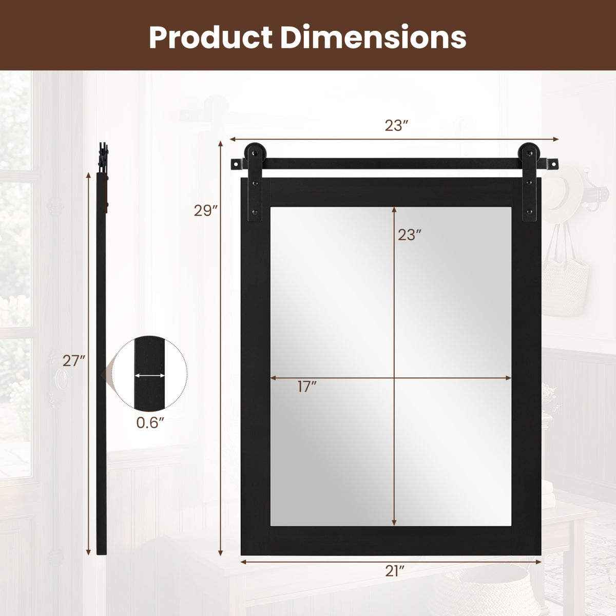29" x 23" Rectangle Farmhouse Wall Mirror with Metal Bracket for Bathroom-Black