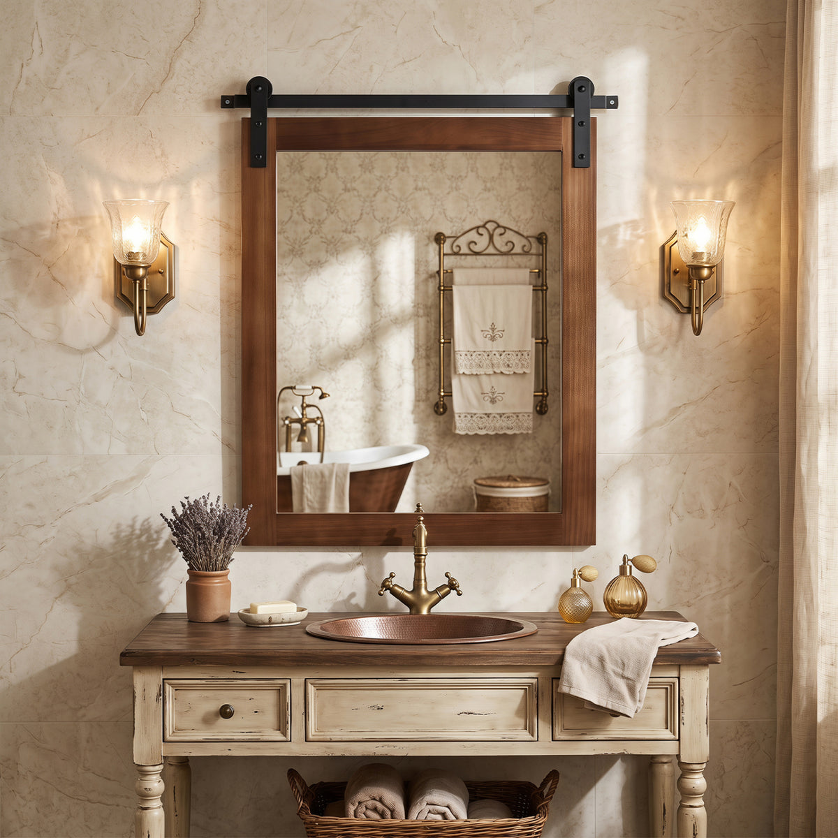 29" x 23" Rectangle Farmhouse Wall Mirror with Metal Bracket for Bathroom-Rustic Brown