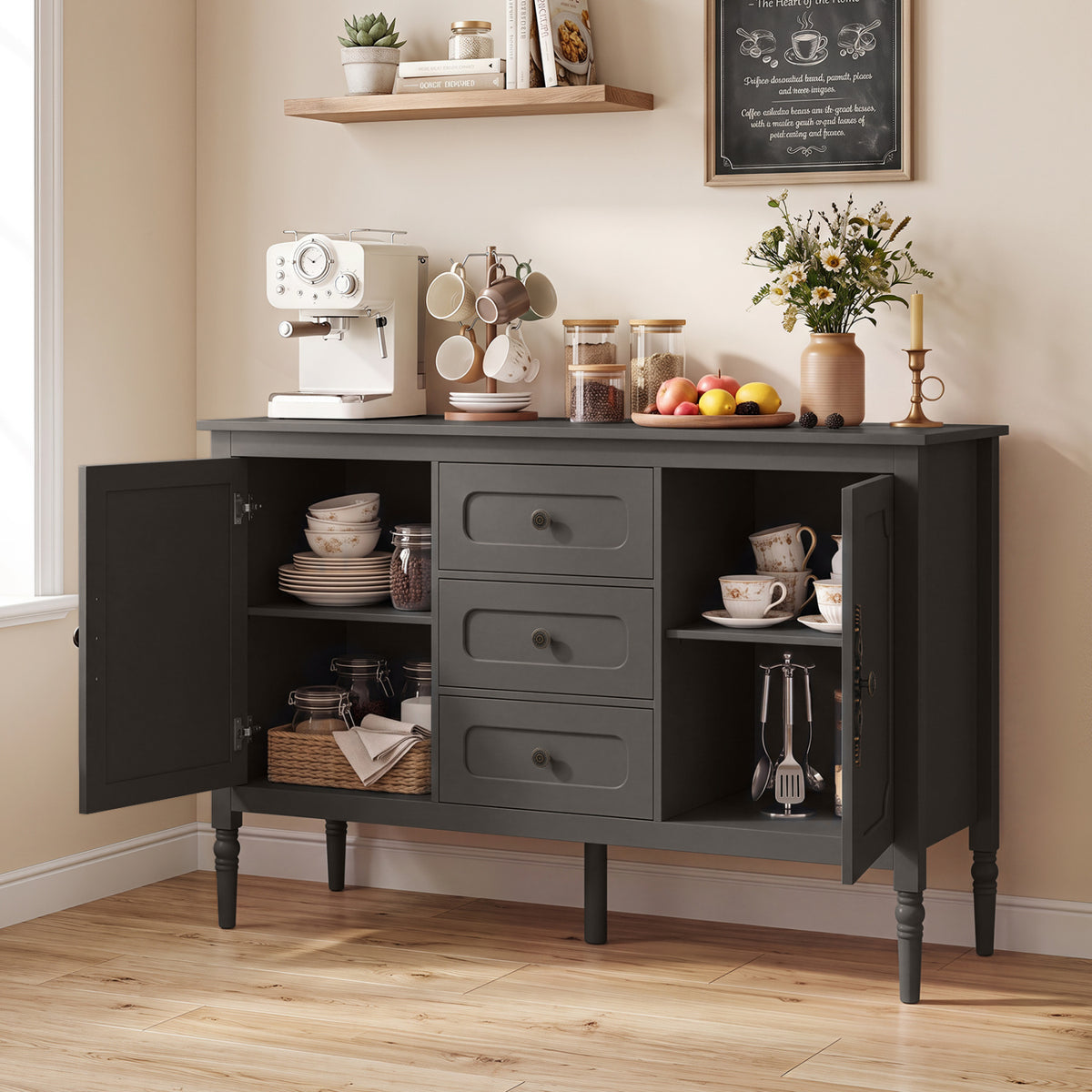 47" Vintage Buffet Cabinet with 3 Drawers 2 Cabinets and Adjustable Shelves for Dining Room-Brown
