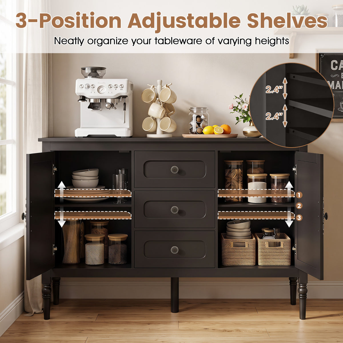 47" Vintage Buffet Cabinet with 3 Drawers 2 Cabinets and Adjustable Shelves for Dining Room-Brown