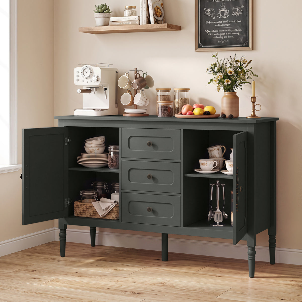 47" Vintage Buffet Cabinet with 3 Drawers 2 Cabinets and Adjustable Shelves for Dining Room-Green