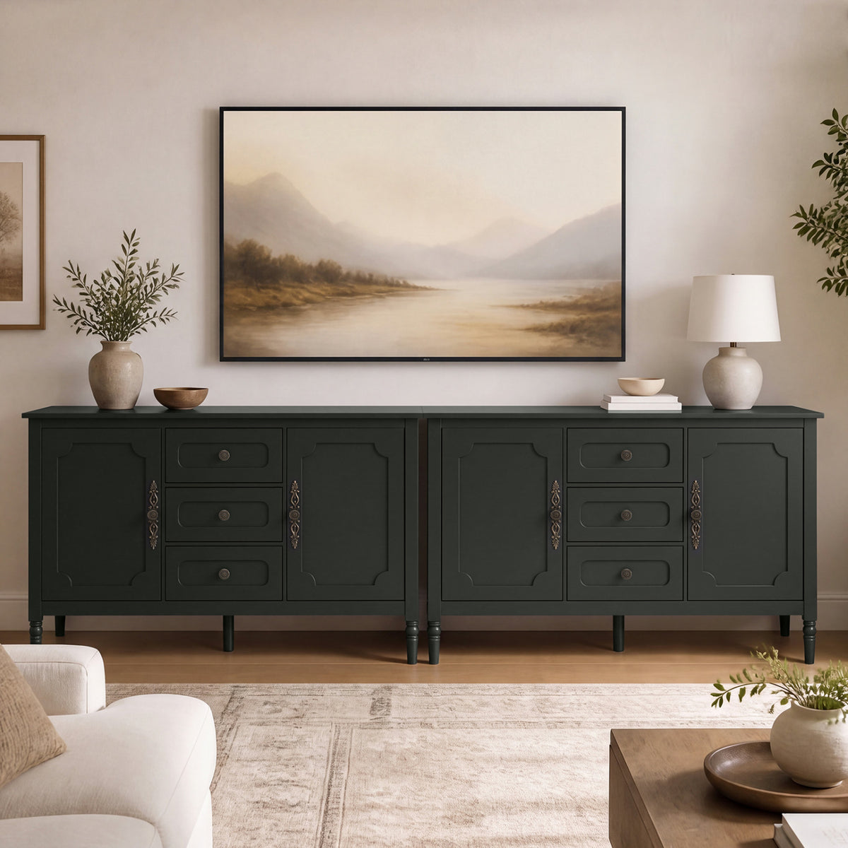 47" Vintage Buffet Cabinet with 3 Drawers 2 Cabinets and Adjustable Shelves for Dining Room-Green