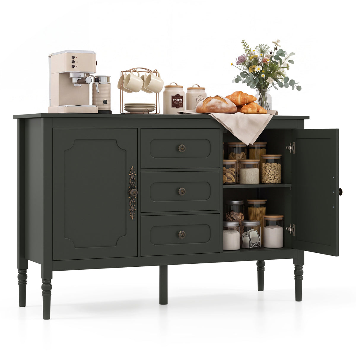 47" Vintage Buffet Cabinet with 3 Drawers 2 Cabinets and Adjustable Shelves for Dining Room-Green