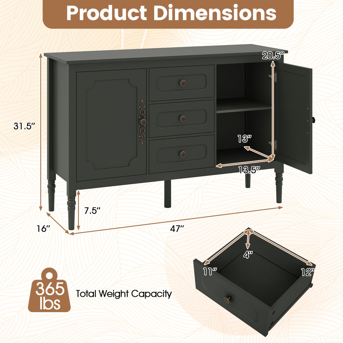 47" Vintage Buffet Cabinet with 3 Drawers 2 Cabinets and Adjustable Shelves for Dining Room-Green