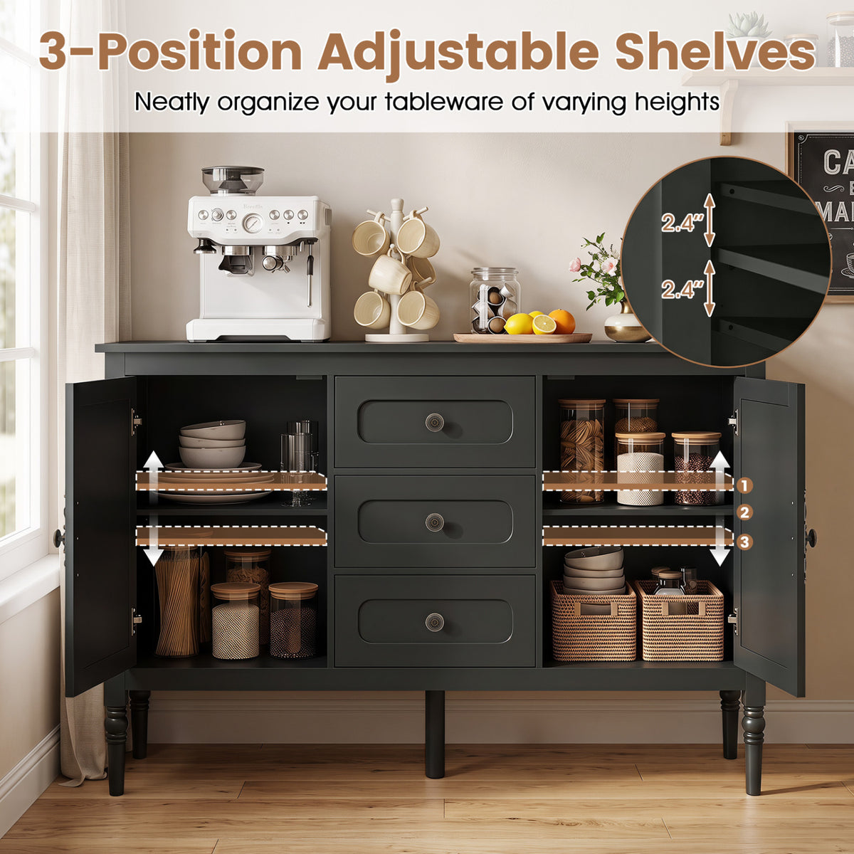 47" Vintage Buffet Cabinet with 3 Drawers 2 Cabinets and Adjustable Shelves for Dining Room-Green