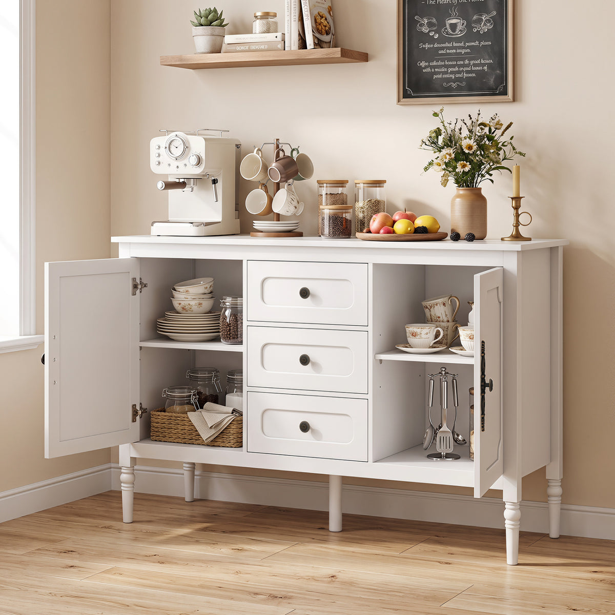 47" Vintage Buffet Cabinet with 3 Drawers 2 Cabinets and Adjustable Shelves for Dining Room-White
