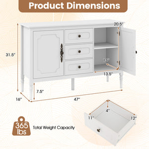 47" Vintage Buffet Cabinet with 3 Drawers 2 Cabinets and Adjustable Shelves for Dining Room-White