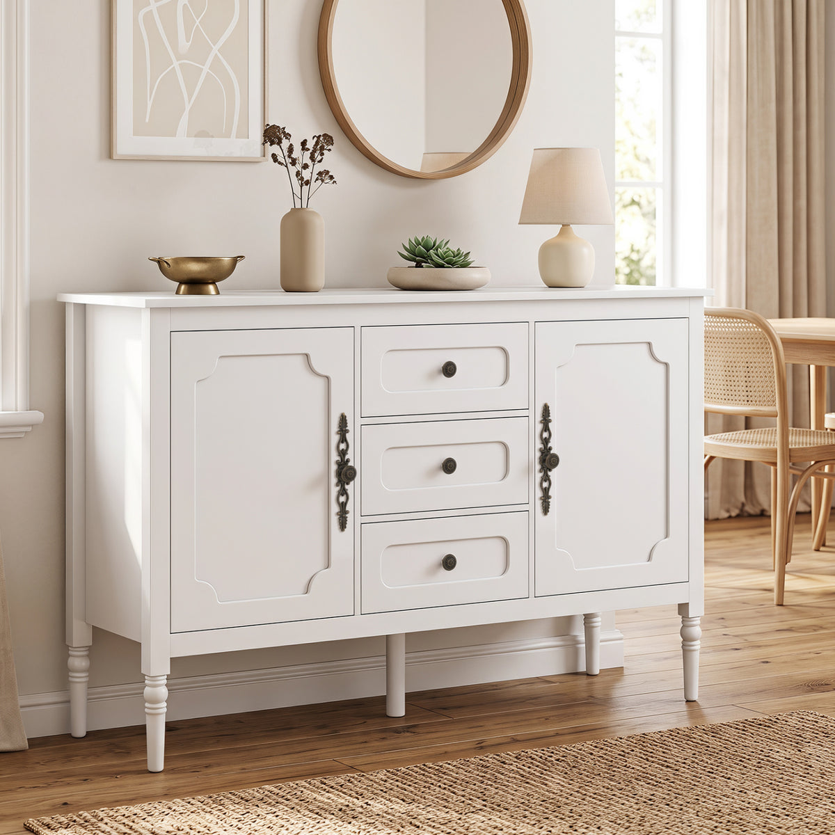 47" Vintage Buffet Cabinet with 3 Drawers 2 Cabinets and Adjustable Shelves for Dining Room-White